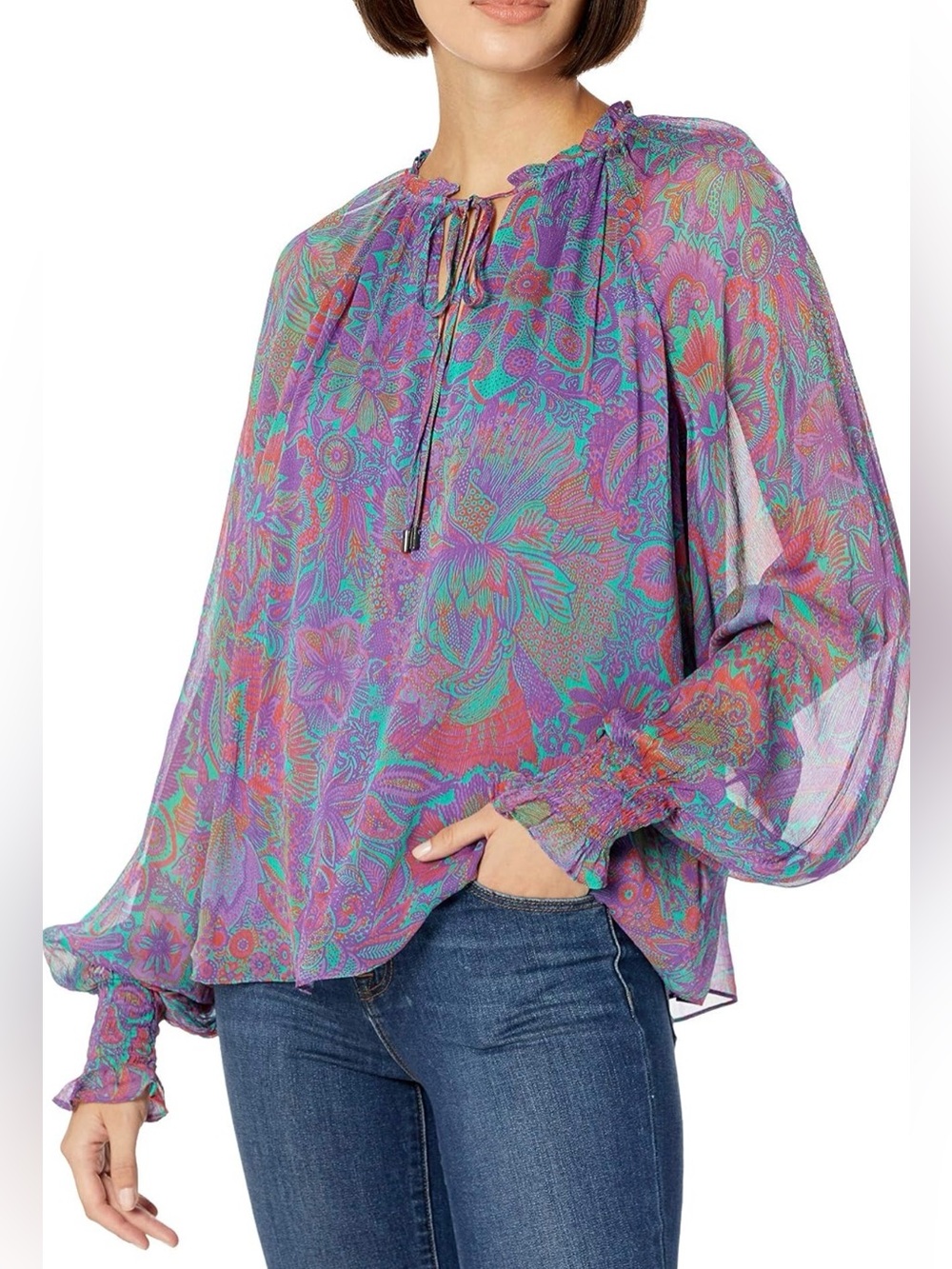 Ramy Brook Sheer Floral Peasant Blouse Purple Multicolor Size M